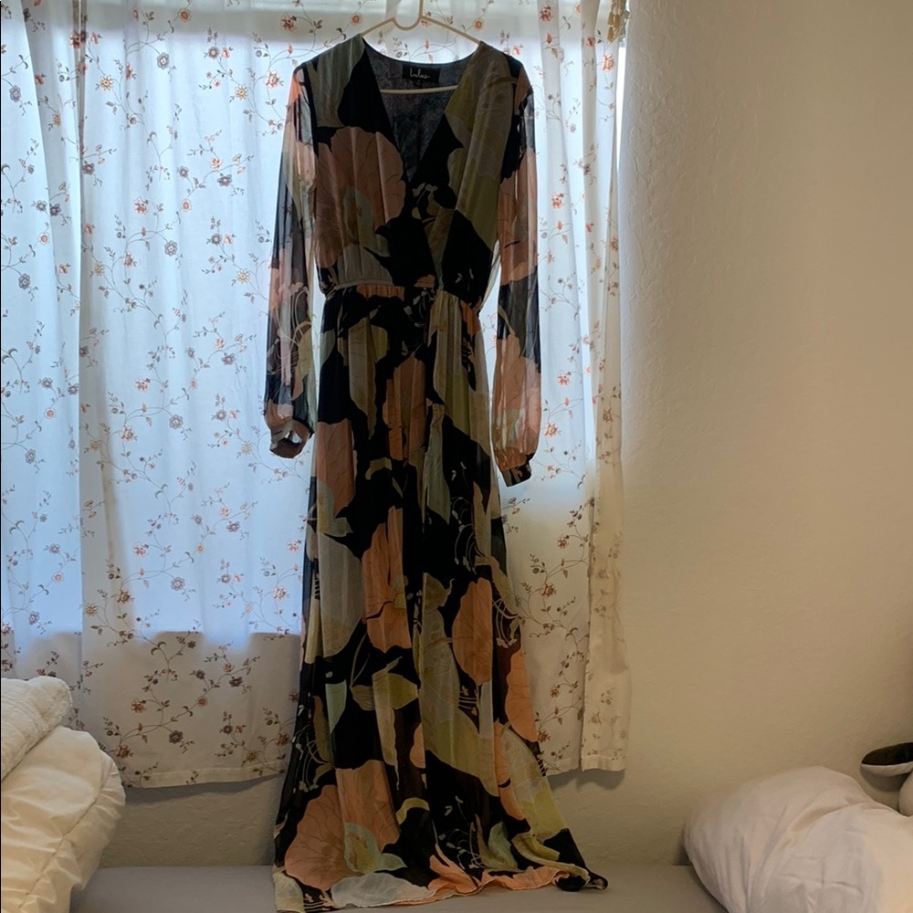 Lulu's Black and Pink V-Neck Gown with Long Bishop Sleeves